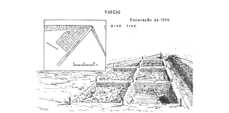 Planta das escavações de 1956 (representação da utilização do sistema de escavação em quadrícula)