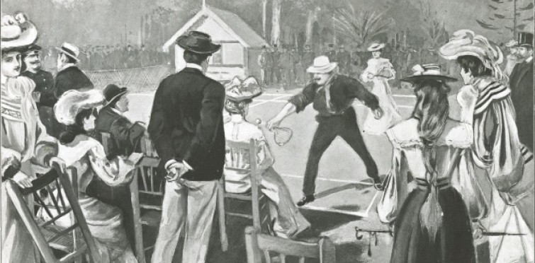 D. Carlos praticando ténis no Sporting Club de Cascais [Ilustração portuguesa, 9 de novembro de 1903]
